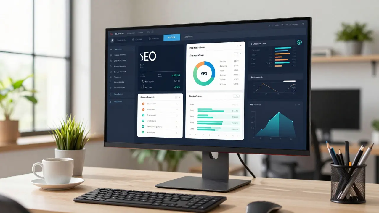 Professional analyzing AI marketing dashboard in modern office