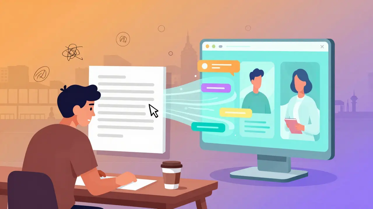 Split illustration contrasting stressed human writer with efficient AI content generation