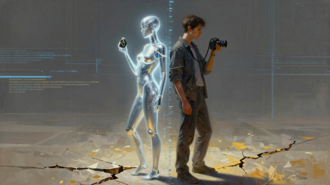 Surreal art showing perfect virtual influencer vs authentic human creator in digital void