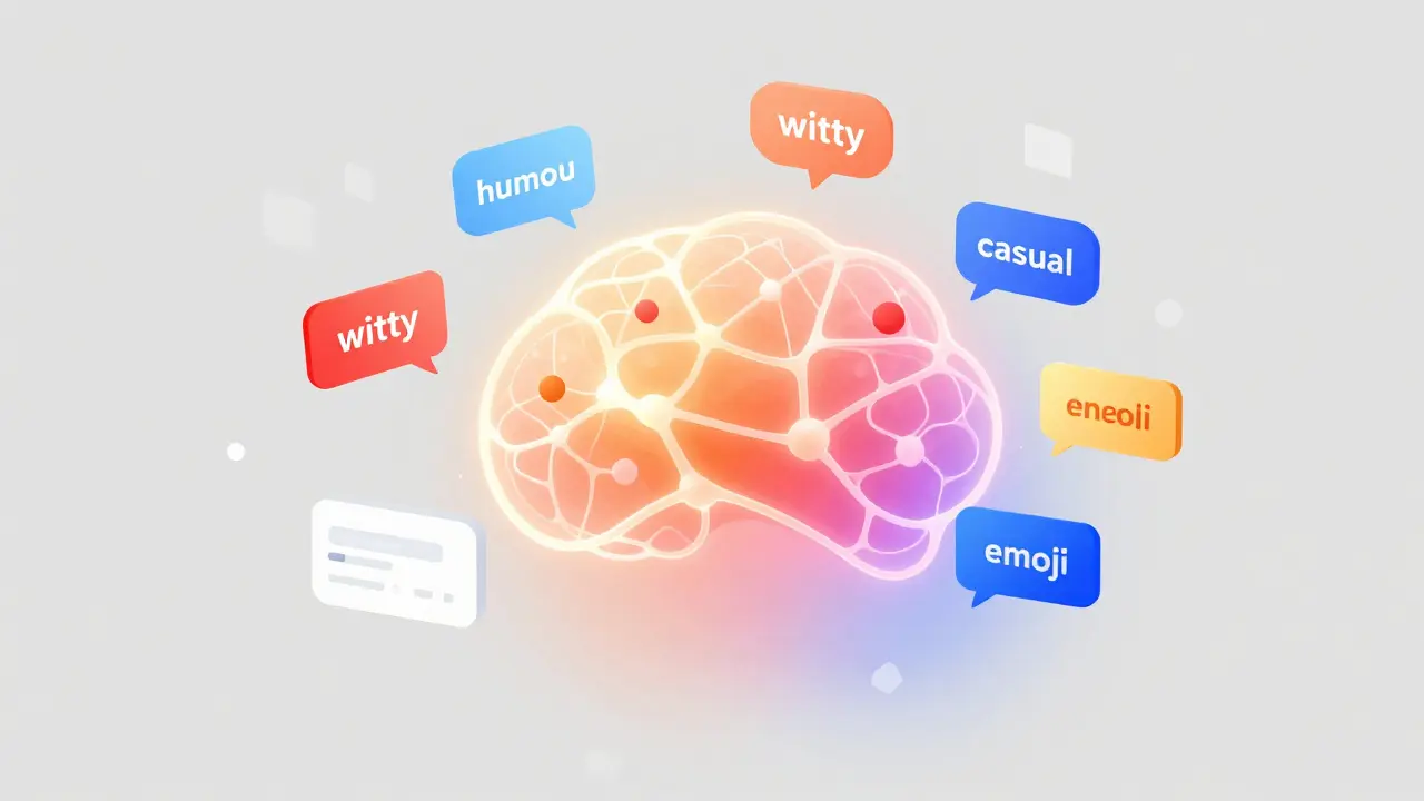Abstract illustration of AI adapting tone with glowing neural network and speech bubbles