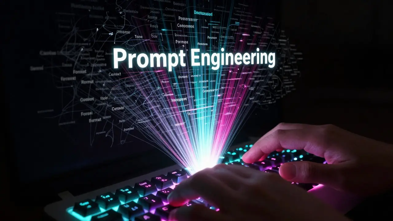 Abstract visualization of prompt engineering structuring chaotic data into clear content.