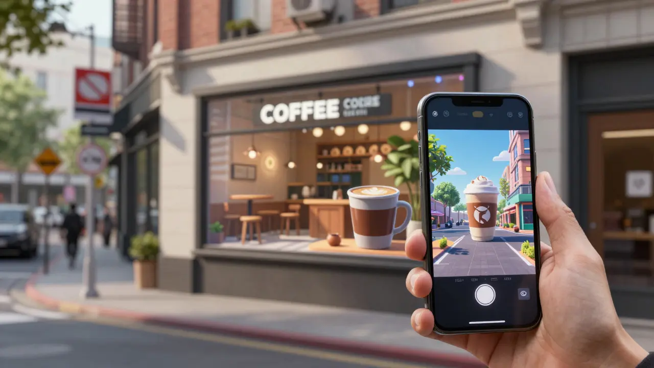 Augmented reality coffee shop ad blending into a city street view