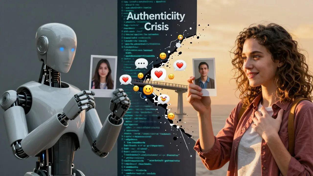 Contrast between robotic AI content and authentic human connection on social platforms.