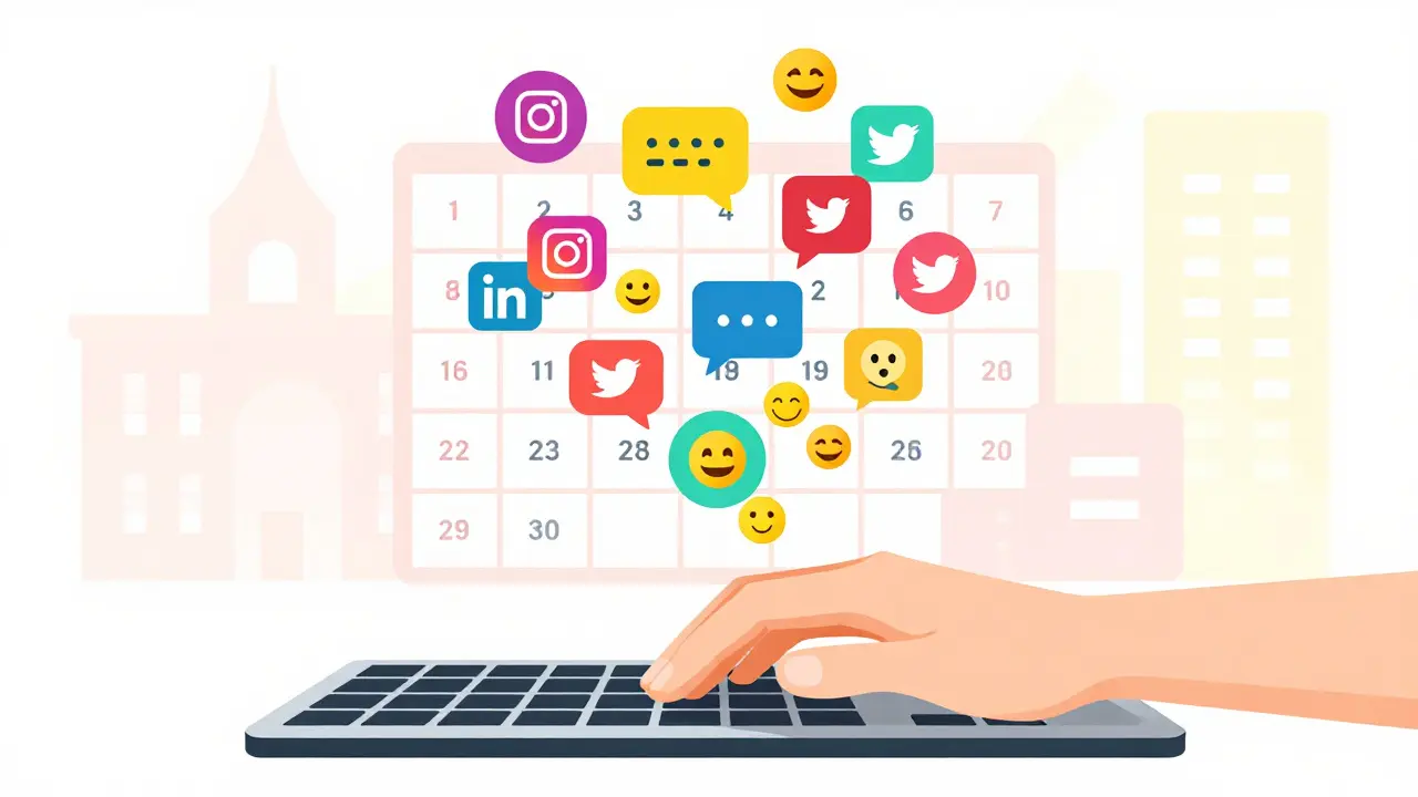Creative illustration of hands typing out colorful social media content ideas