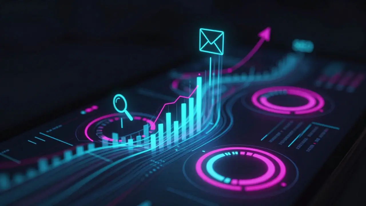Futuristic dark-mode dashboard with glowing neon data charts and metrics