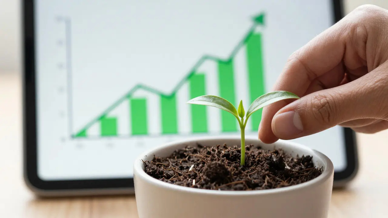 Hand planting seedling near tablet with rising growth graph