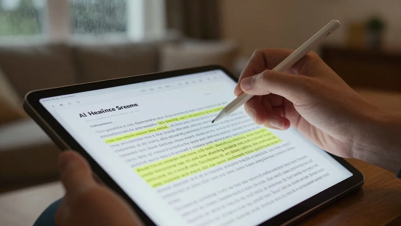 Human hand editing AI-assisted content on a tablet in a cozy room