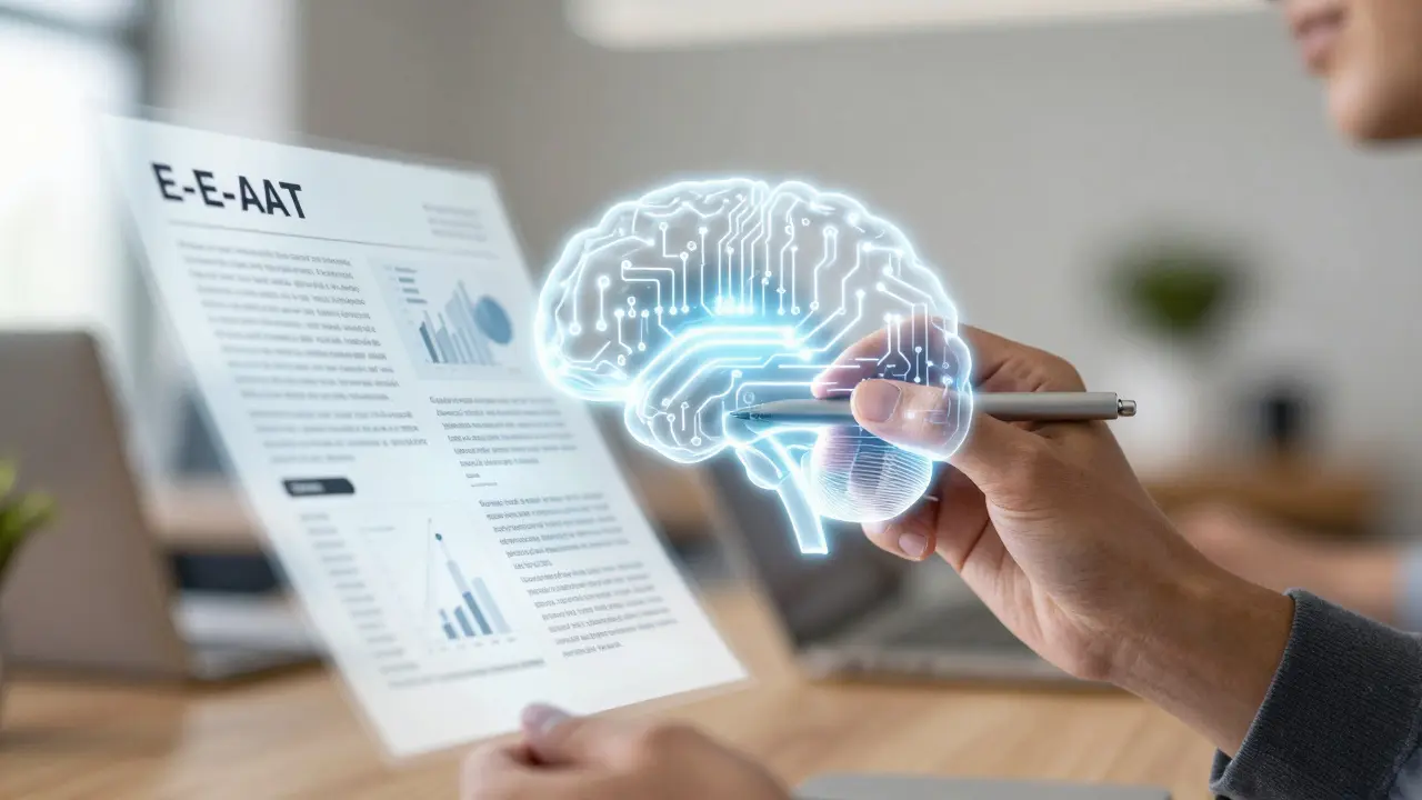 Human hand merging with digital AI brain while editing a holographic document