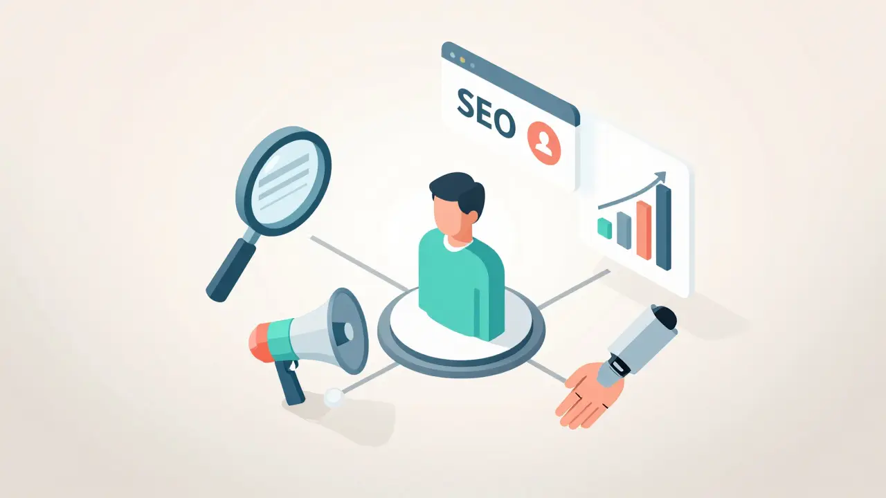Isometric illustration of integrated digital marketing strategies