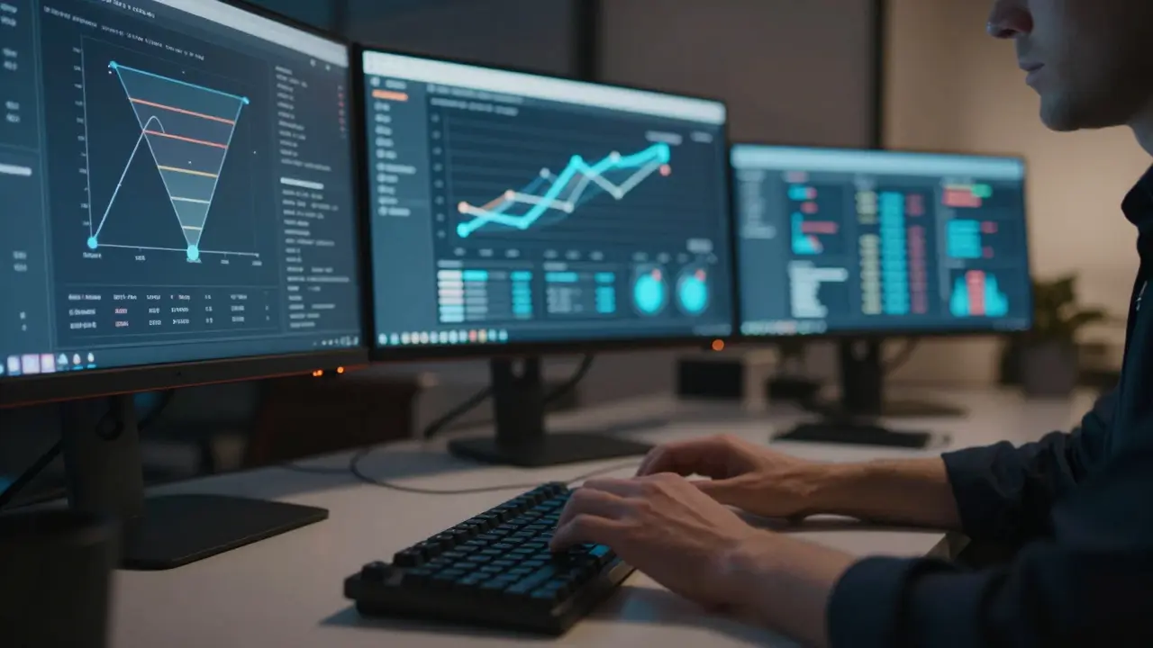 Marketer analyzing data dashboards on glowing screens