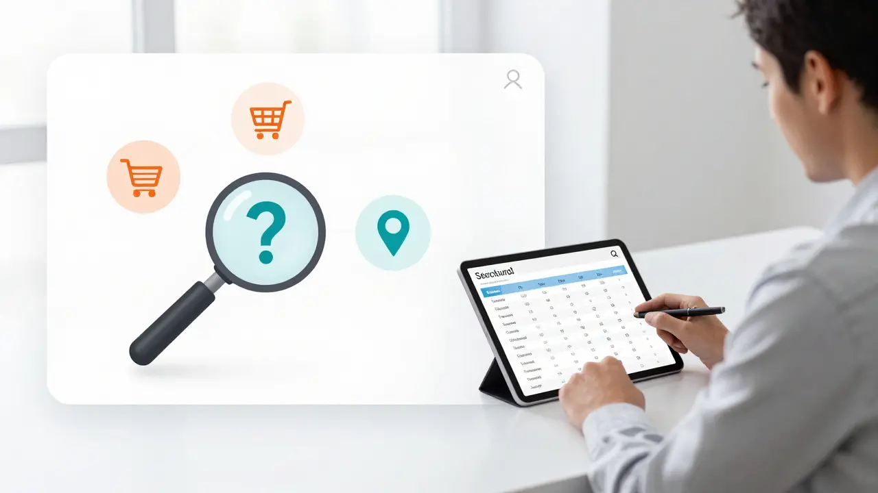 SEO specialist analyzing search intent and structuring content on a tablet