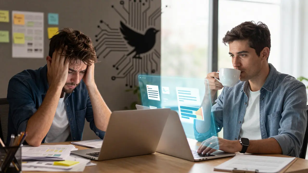 Split screen comparing stressed manual work vs relaxed AI-assisted social media management