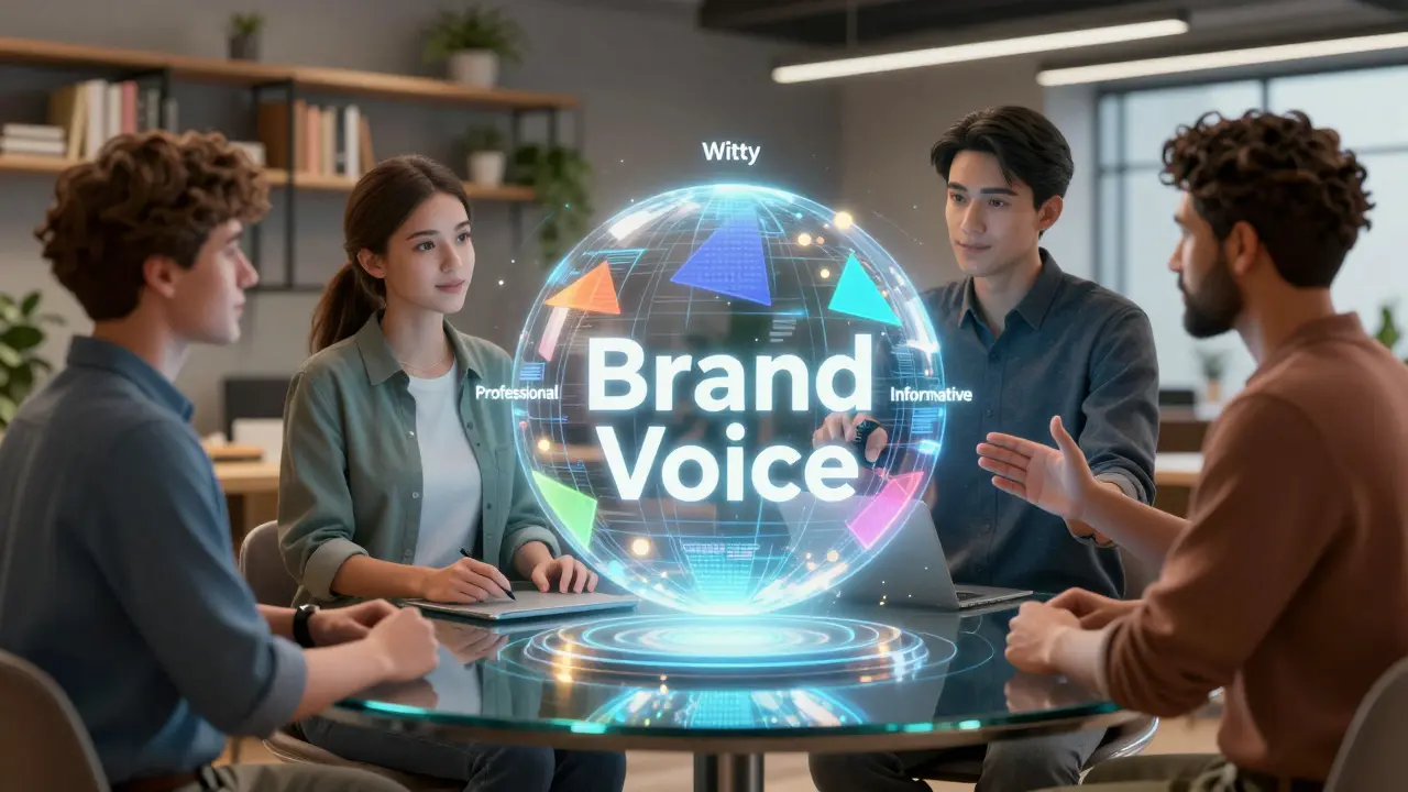 Team collaborating around a holographic brand voice visualization
