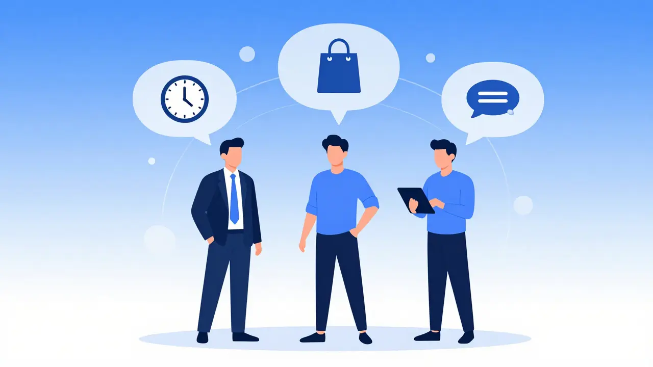 Vector illustration of diverse people with icons representing buyer personas