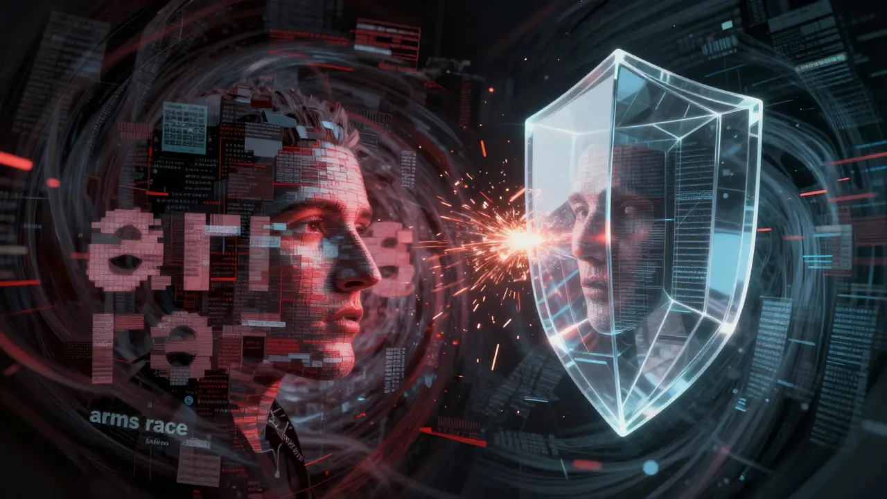 Abstract digital art showing AI shield filtering chaotic disinformation code