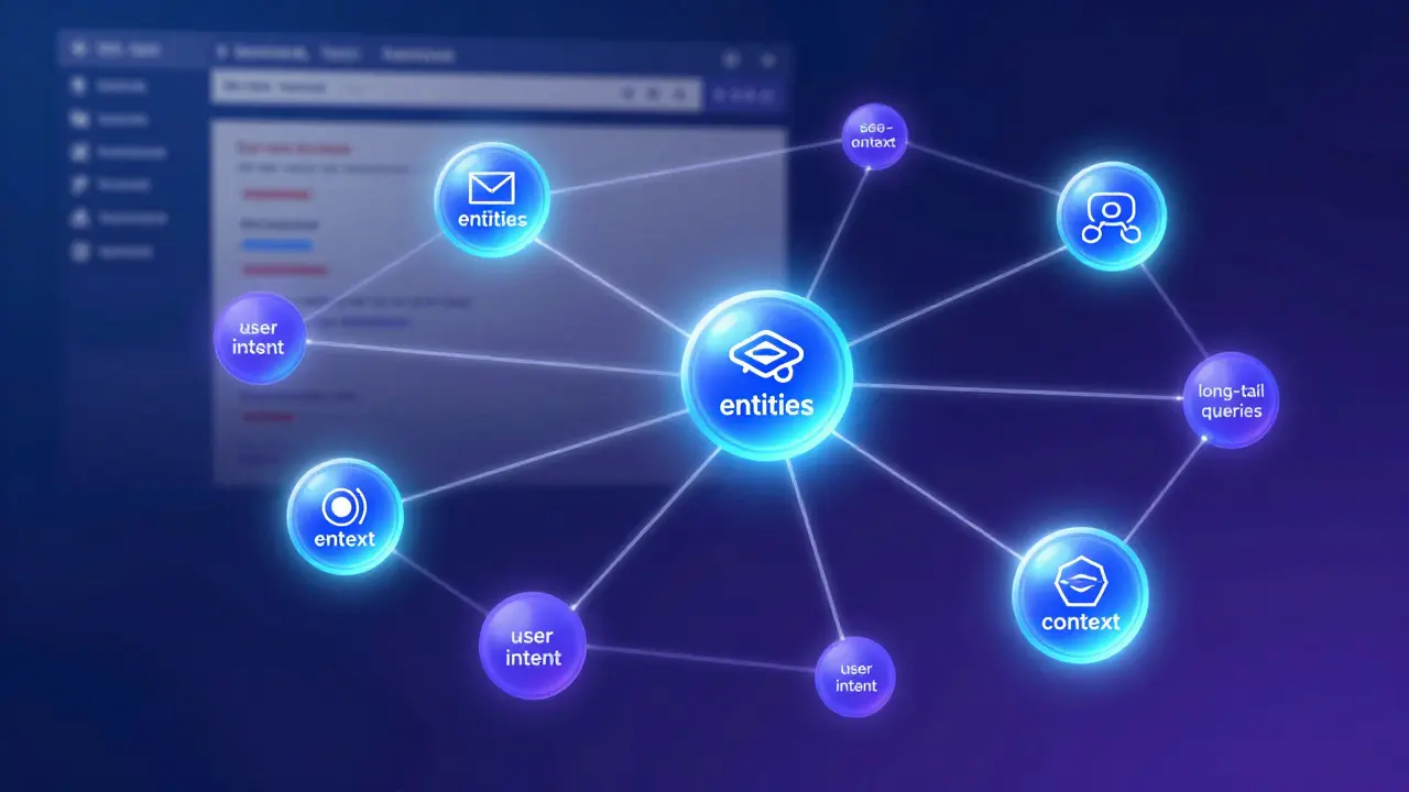 Abstract network diagram of semantic SEO connections