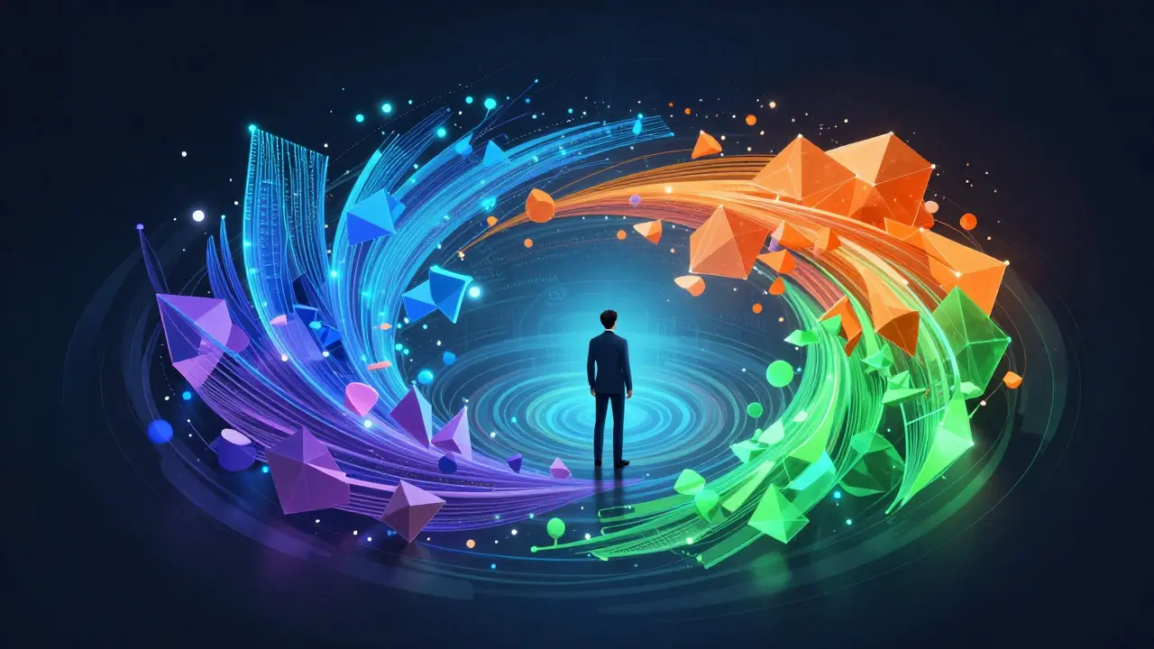 Abstract visualization of data being organized into distinct colored segments