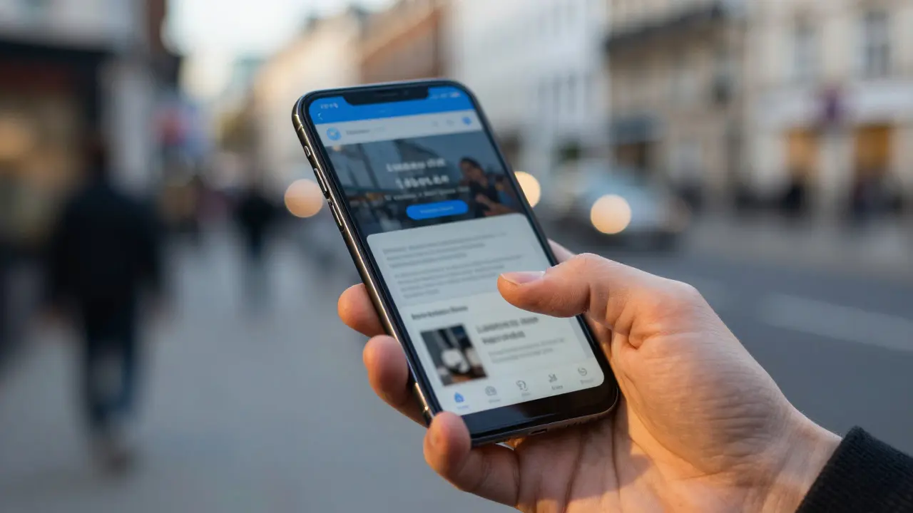 Close-up of a hand holding a smartphone with a blurred screen, set against a blurred city street background.