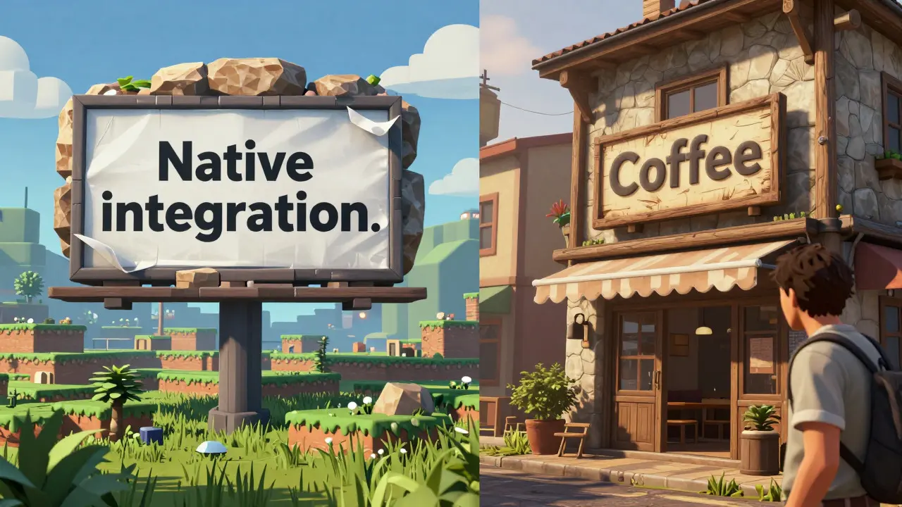 Comparison of a mismatched ad on a low-poly rock versus an integrated sign