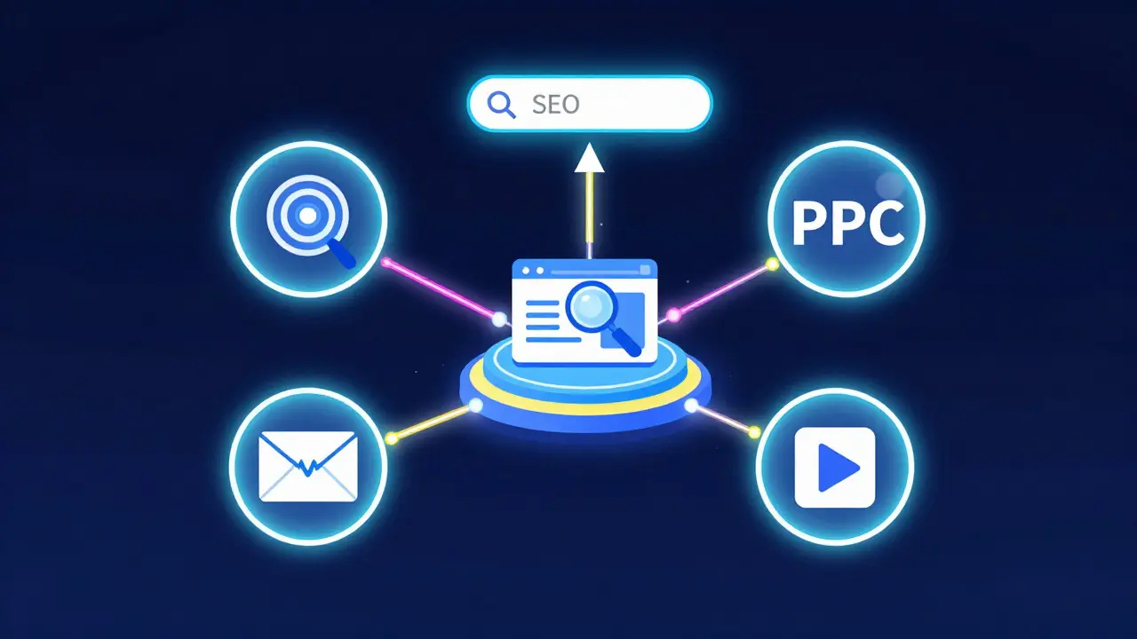 Conceptual illustration of digital marketing channels connected by glowing lines against a dark blue background.