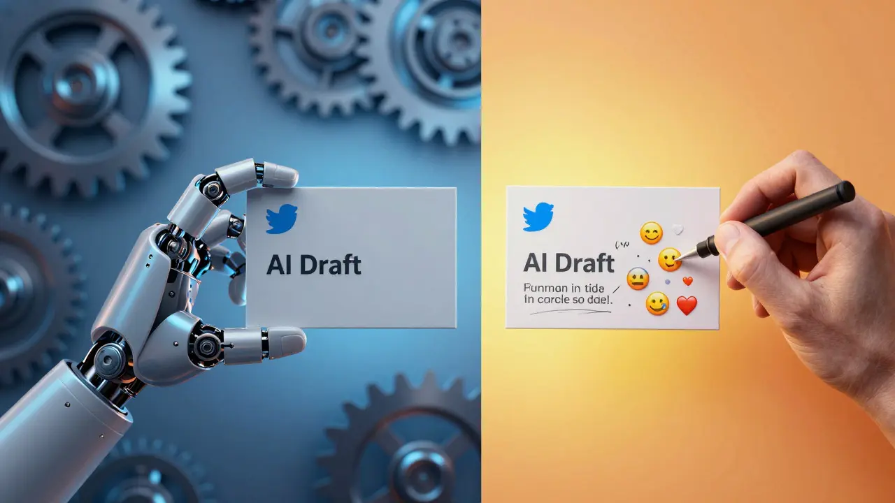 Hand adding human touch and color to a robotic AI tweet draft