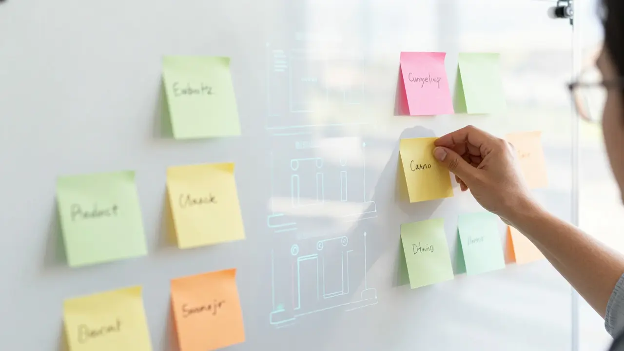 Hand placing sticky notes on whiteboard for campaign ideas