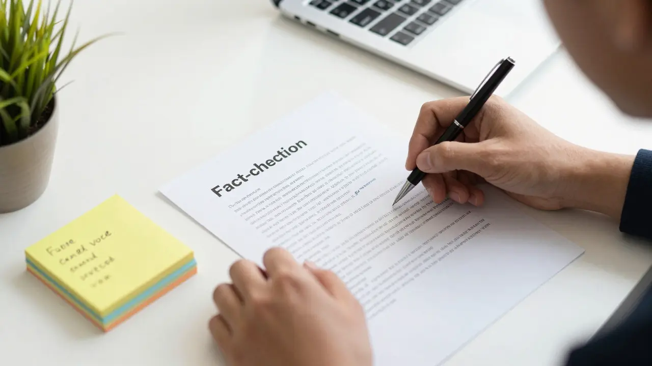 Hands editing a printed document with handwritten notes on a desk