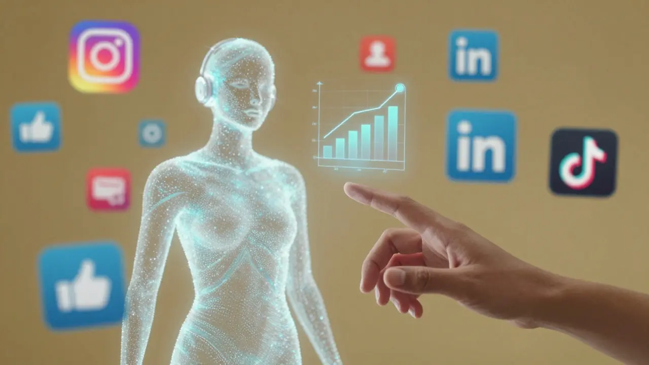 Human hand connecting with holographic AI assistant amidst social media icons