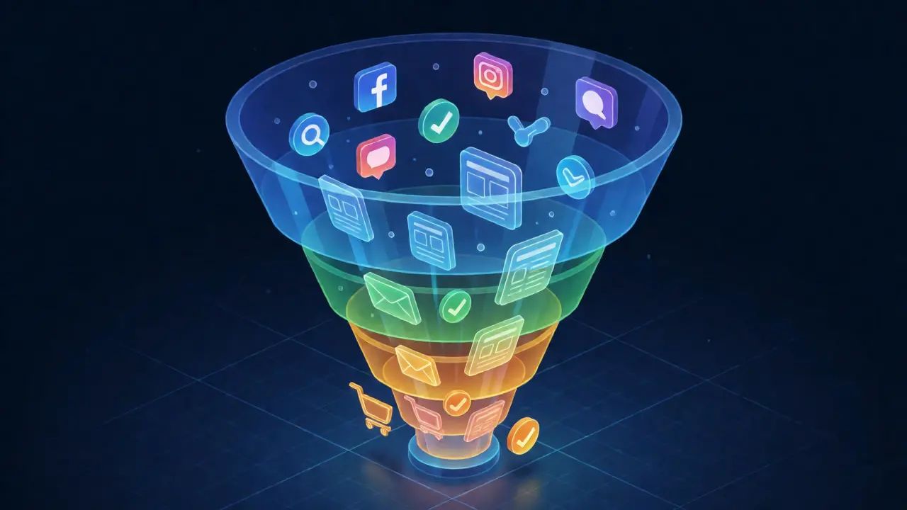 Isometric 3D visualization of a digital marketing funnel with layers.
