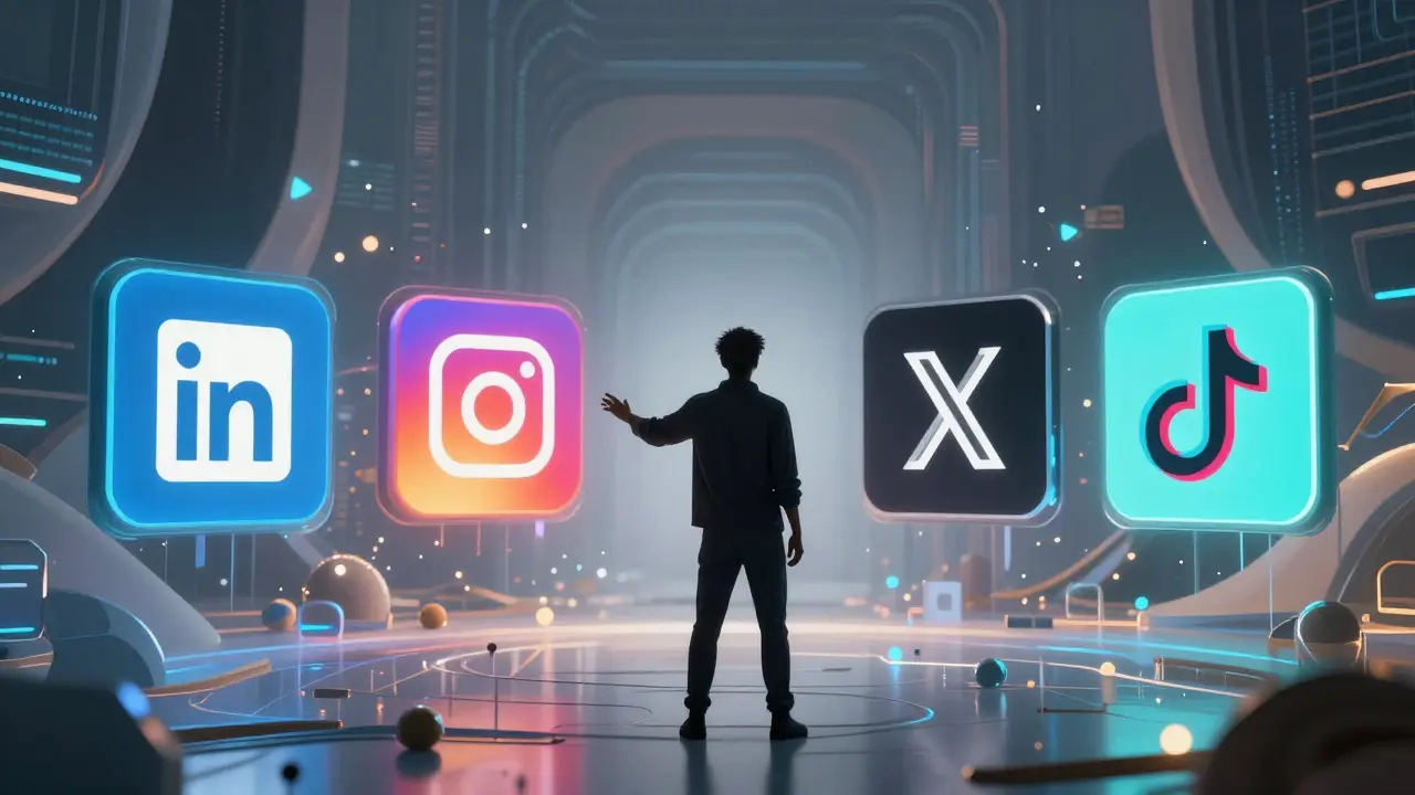 Person managing multi-platform social media streams in a digital void