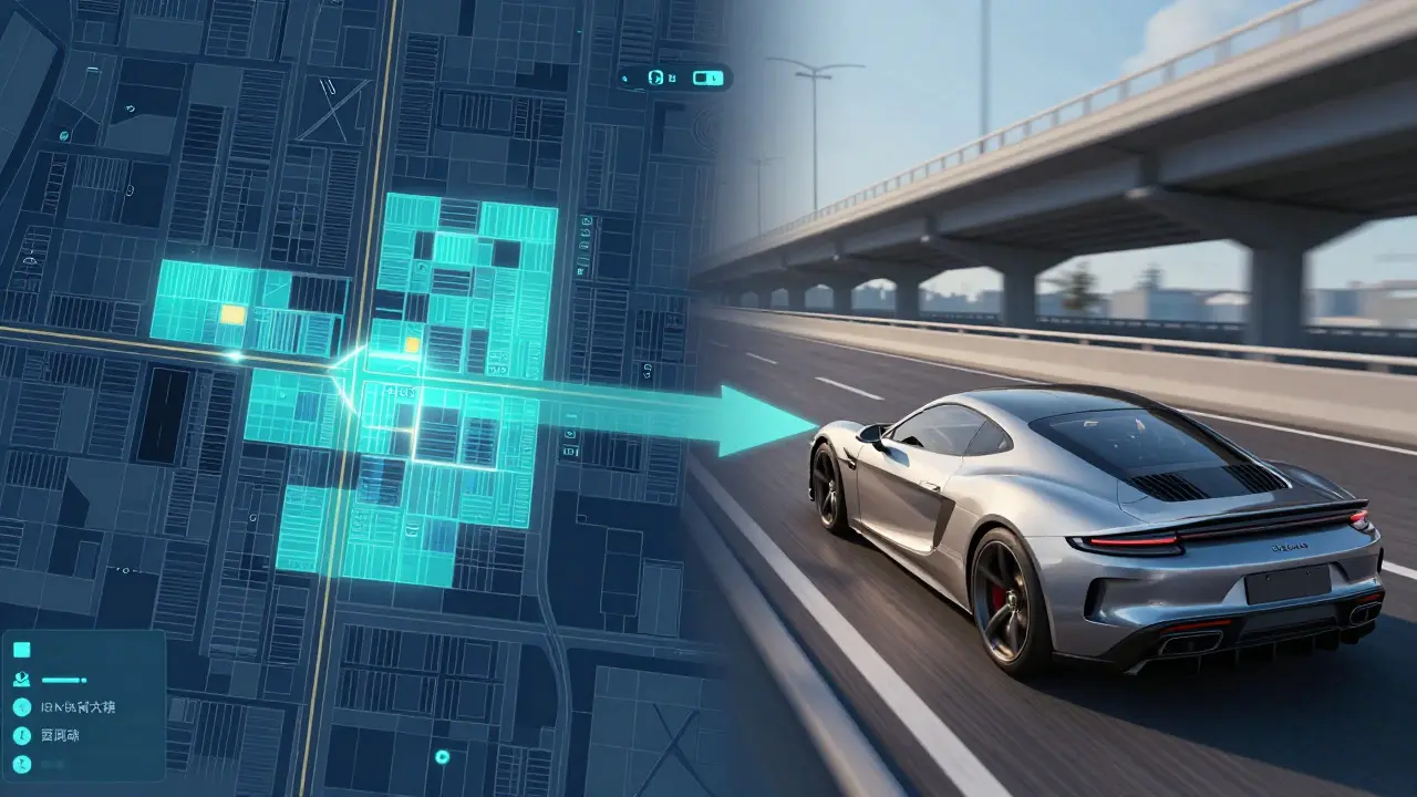 Split screen showing a virtual city map and a luxury car on a highway