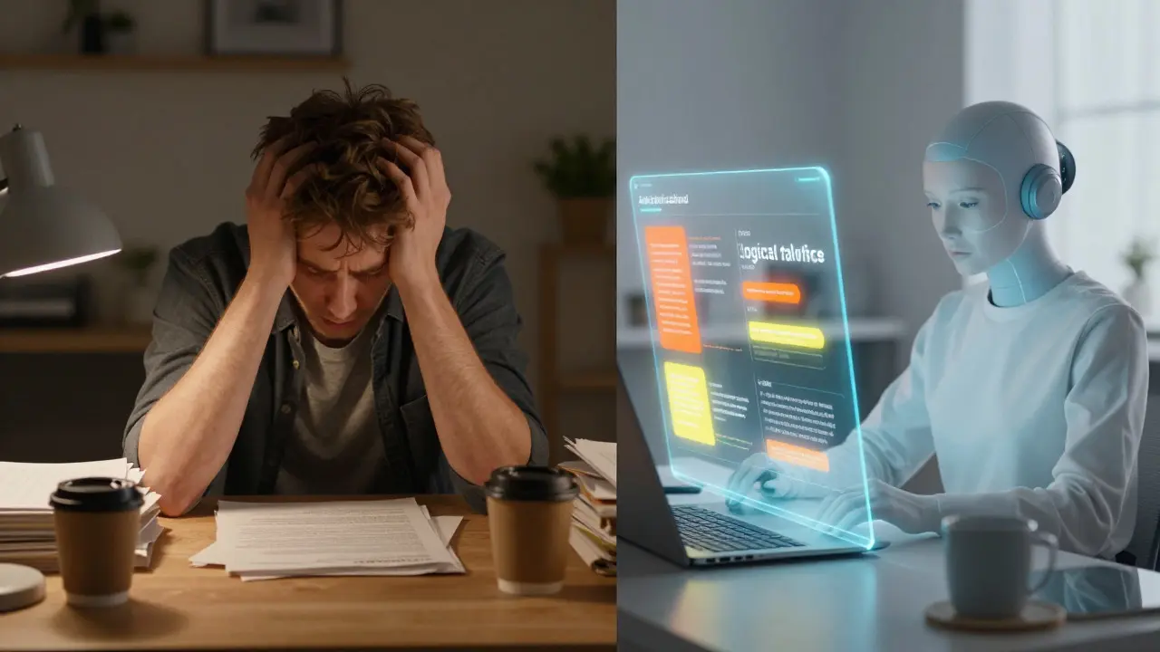 Split view contrasting overwhelmed human researcher with efficient AI analysis