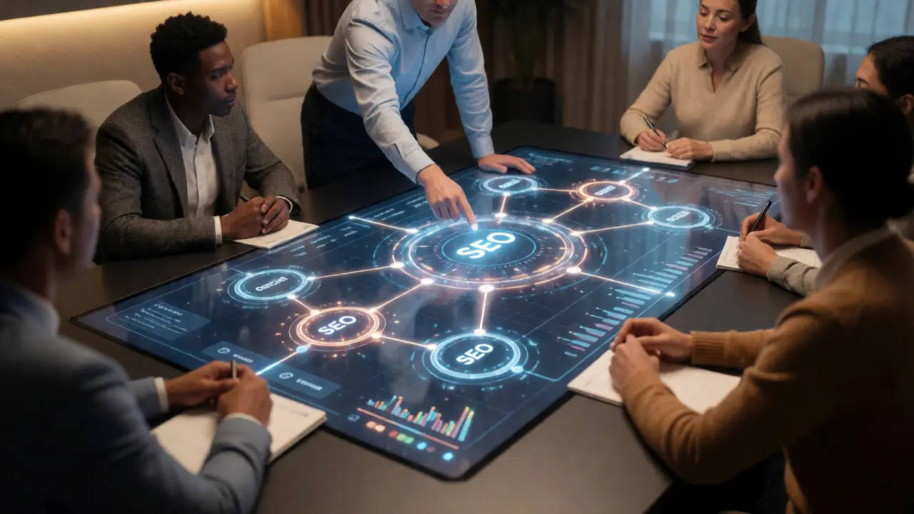 Team analyzing a holographic marketing strategy map in a meeting.